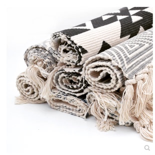 北欧风编织棉布地毯手工客厅，茶几卧室床边流苏地垫防尘长方形