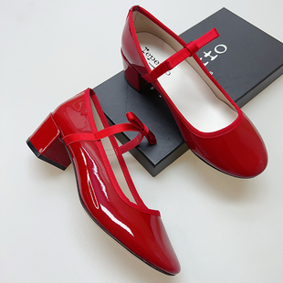 24春法式复古蝴蝶结浅口单鞋，女中粗跟芭蕾舞鞋，红色玛丽珍婚鞋