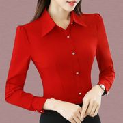 黑色红色衬衫女长袖纯色，韩版职业装正装，修身显瘦工作服上衣打底衫