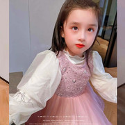 韩国女童白色打底衫秋冬洋气，公主网纱水钻，泡泡袖上衣儿童长袖t恤