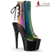 美国pleaser17.8cm彩虹半透明色鞋面，防水台高跟短靴，侧拉链鱼嘴靴