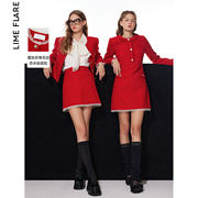 莱茵福莱尔红色法式小香风粗花呢短外套2024春季蕾丝边设计感上衣