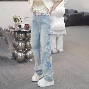 新中式刺绣牛仔裤女2024春夏季百搭显瘦国风直筒裤，设计感长裤