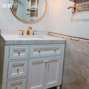 美式实木整体浴室柜组合现代轻奢洗手脸盆，柜卫生间落地洗漱台定制