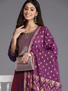 紫色刺绣圆领七分袖女装三件套 印度高级丝混纺连衣裙套装 2023秋