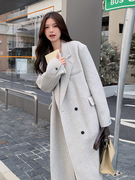 韩系灰色双面羊绒大衣女，2023秋冬高级感毛呢，羊毛呢子冬季外套
