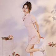 新中式旗袍女秋粉色年轻款，少女小个子2023改良日常短款连衣裙
