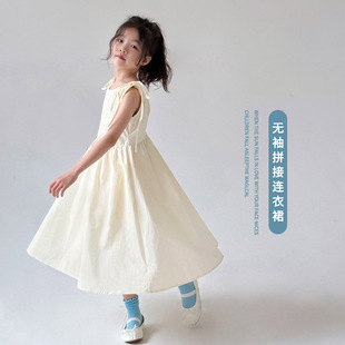 女童高级感无袖连衣裙，纯棉白色夏季洋气2024儿童女宝韩版裙子