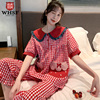 睡衣女夏季纯棉梭织格子新年短袖，韩版可爱红色本命年家居服女套装