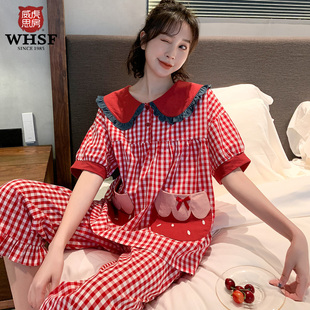 睡衣女夏季纯棉梭织格子，新年短袖韩版可爱红色本命年家居服女套装