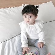 春秋季女婴童纯棉上衣，韩版女宝宝纯色，娃娃领长袖t恤打底衫