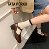 TATAPERKO联名法式复古包头凉鞋女粗跟高跟真皮方头T型带中空单鞋