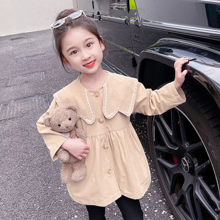 女童春秋季2024韩版上衣，宝宝洋气时尚，中长款织带领风衣外套潮