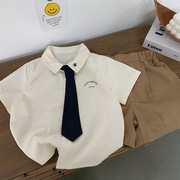 男童短袖衬衫套装中小童两件套夏天园(夏天园，)服拍照衣服小学生儿童装学院
