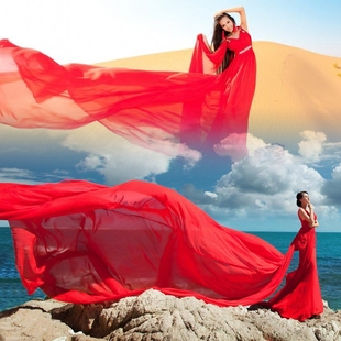 大红色头纱沙漠婚纱摄影拍照纱巾旅拍道具，森系超长拖尾5米软素纱
