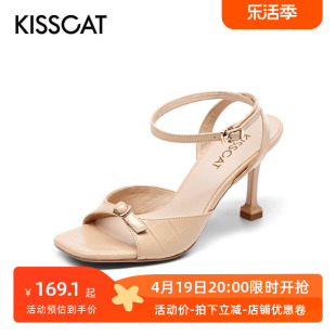 kisscat接吻猫夏季羊皮方头，露趾扣带超高跟，时装凉鞋女ka21314-10