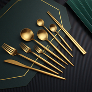 高档304不锈钢叉筷套装欧式西餐，餐具家用牛排叉勺金色咖啡勺