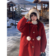 圣诞新年战袍外套女秋冬高级感红色65%羊毛夹棉超好看毛呢大衣
