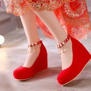 婚纱神器鞋春秋季孕妇，红色结婚鞋坡跟新娘，高跟伴娘婚礼大码40-43