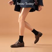 BeauToday单鞋女2023真皮复古孟克鞋BT方头粗跟英伦风小皮鞋