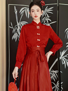 配马面裙的衬衣新中式立领，对襟红色衬衫女款春季日常通勤长袖上衣