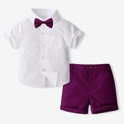 2024男童纯棉白开衫(白开衫)衬衫短裤套装英伦，风夏季短袖校服表演服装