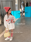 韩版休闲卫衣2023春款女童，时髦宽松印花卫衣蝙蝠袖中长款卫衣裙潮
