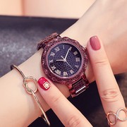 士手表时尚紫色腕表超酷钢带，满钻罗马数字玛莎莉轻奢捷克水钻女