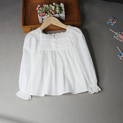 女童秋装2023韩版女孩方领花边泡泡袖公主长袖白色棉衬衫