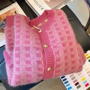 春秋装粉色格子开衫女2022春季圆领网红针织长袖毛衣外套