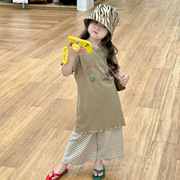女童印花长款t恤裙叠装条纹裤夏装24韩版时髦儿童短袖连衣裙