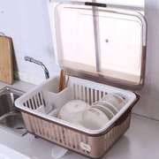 特大号碗柜厨房带盖沥水篮，塑料碗碟架，双层碗盆碗筷收纳碗架放