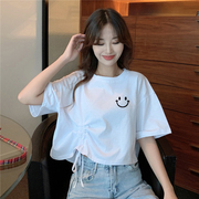 短款短袖t恤女2023夏韩版小众设计感原宿bf风，高腰抽绳上衣女ins潮