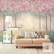 法式浪漫壁纸北欧森林，粉色花卉树林壁画粉色油画，卧室床头背景墙纸