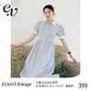 Even Vintage 原创设计法式复古清爽仙女裙蓝白条纹衬衫连衣裙
