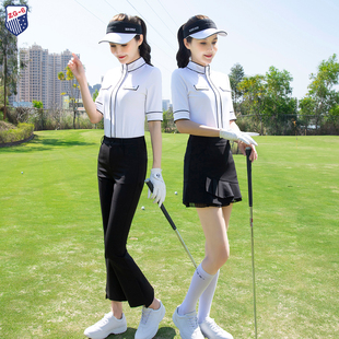 zg6女士高尔夫服装球服女装套装立领，白色中袖上衣黑色九分喇叭裤