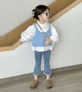 2024春季韩版儿童装女童针织，马甲泡泡袖白衬衣牛仔铅笔裤套装
