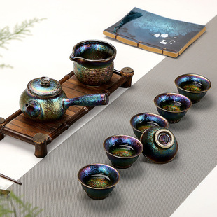 福建德化天目七彩孔雀釉茶具，陶瓷茶具整套窑变建盏精致礼盒装