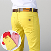 春季亮黄色男士休闲裤粉红色韩版修身弹力直筒时尚彩色牛仔长裤子