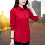 大码衬衫女士长袖春秋漂亮雪纺，衫显瘦上衣，气质职业装红色衬衣