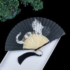 中国风扇子折扇女式夏p天便携随身折叠扇猫咪可爱少女棉布古典小