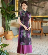 改良奥黛旗袍连衣裙中年妈妈，紫色日常可穿气质改装2024年春季
