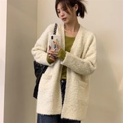 韩国冬圈圈纱慵懒风保暖毛衣开衫女宽松oversize白色针织外套