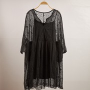 夏季新黑色(新黑色)蕾丝欧根纱莫代尔，两件套连衣裙遮肉减龄加大码
