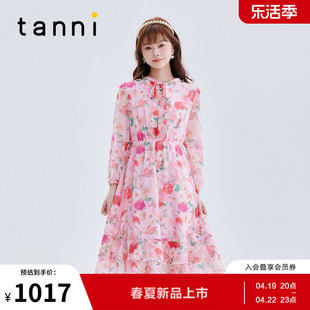 tanni商场同款春夏碎花，x版蝴蝶结，收腰雪纺长袖连衣裙tl11dr122b