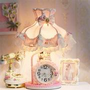 欧式床头灯公主房粉色蕾丝钟表浪漫可爱女孩礼物温馨氛围卧室台灯