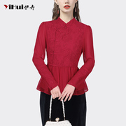 蕾丝衫女长袖上衣雪纺衫红色收腰中国风复古中式衬衣2024春装衬衫