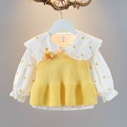女宝宝秋装长袖衬衫+针织马甲套装，1-4岁女童印花衬衣小童甜美衣服