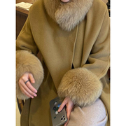 狐狸毛袖口(毛袖口)大毛领，双面呢手工，绵羊毛大衣女秋冬贵气中长款外套