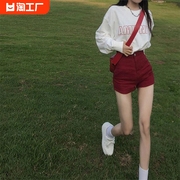 李宁牛仔短裤女2024年夏季薄款高腰a字窄版红色辣妹显瘦热裤
